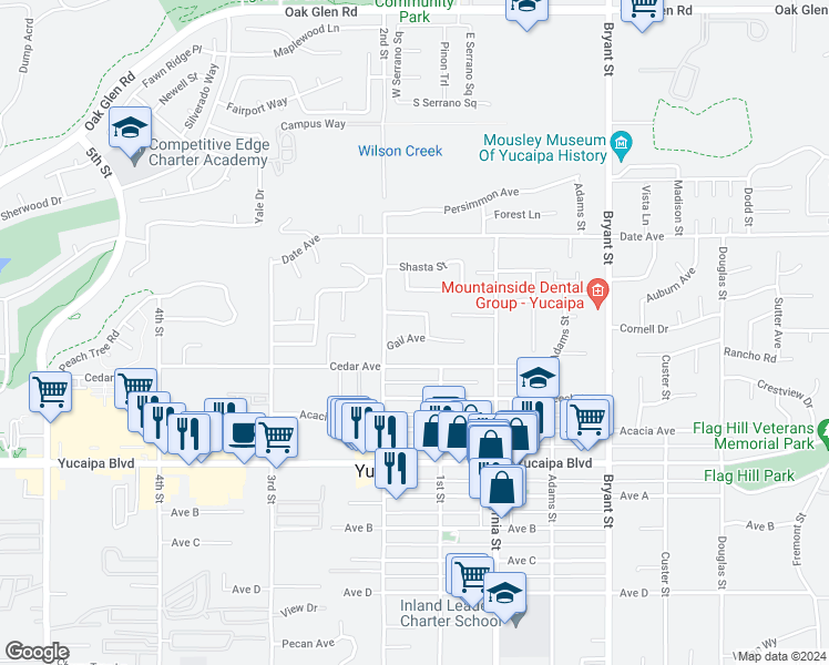 map of restaurants, bars, coffee shops, grocery stores, and more near 34952 Gail Avenue in Yucaipa