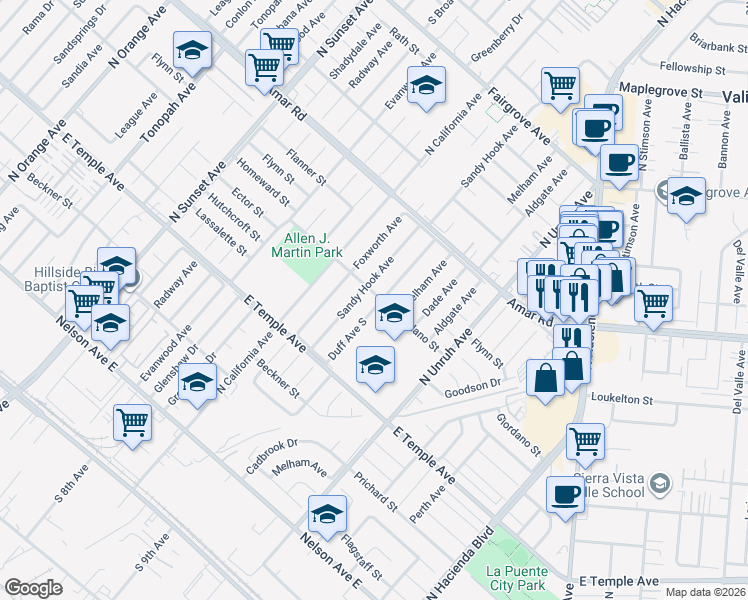 map of restaurants, bars, coffee shops, grocery stores, and more near 14972 East Giordano Street in La Puente