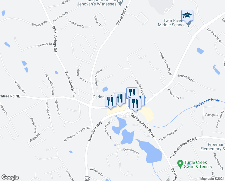map of restaurants, bars, coffee shops, grocery stores, and more near 2124 Arbor Creek Place in Buford