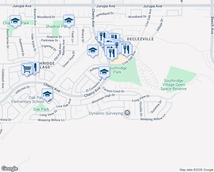 map of restaurants, bars, coffee shops, grocery stores, and more near 11851 Cherry Avenue in Fontana