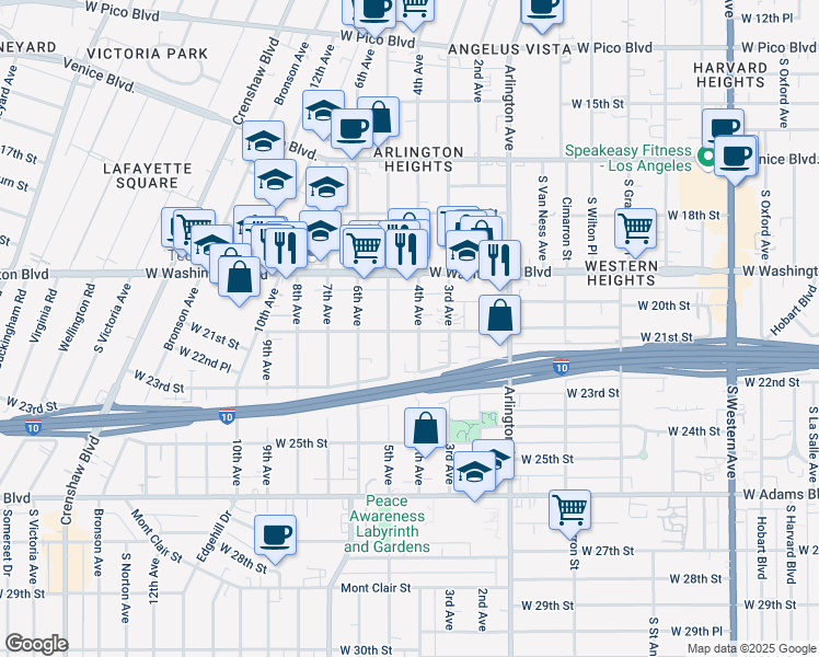 map of restaurants, bars, coffee shops, grocery stores, and more near 3407 West 21st Street in Los Angeles