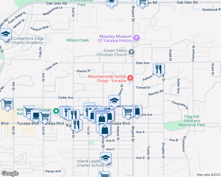 map of restaurants, bars, coffee shops, grocery stores, and more near 11872 Addison Street in Yucaipa