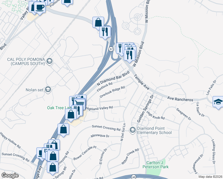 map of restaurants, bars, coffee shops, grocery stores, and more near 1097 Overlook Ridge Road in Diamond Bar