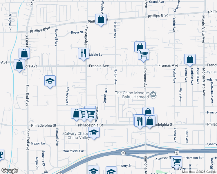 map of restaurants, bars, coffee shops, grocery stores, and more near 11811 Orgren Avenue in Chino