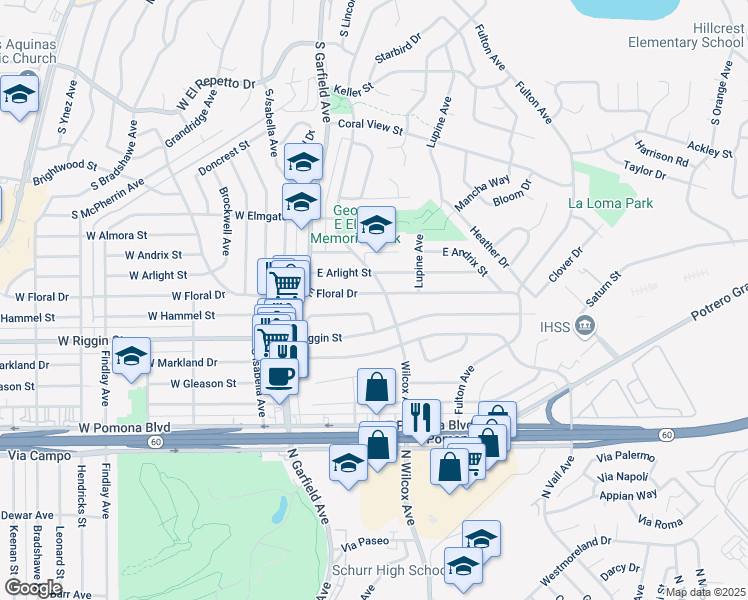 map of restaurants, bars, coffee shops, grocery stores, and more near 166 East Floral Drive in Monterey Park