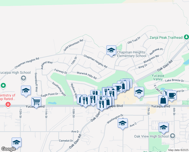 map of restaurants, bars, coffee shops, grocery stores, and more near 33456 Warwick Hills Road in Yucaipa