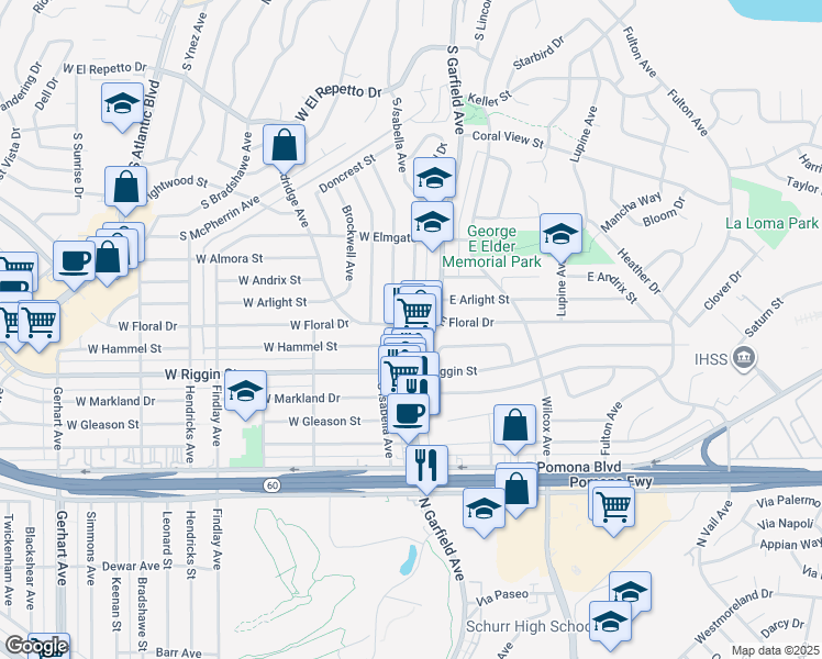 map of restaurants, bars, coffee shops, grocery stores, and more near 2117 South Garfield Avenue in Monterey Park