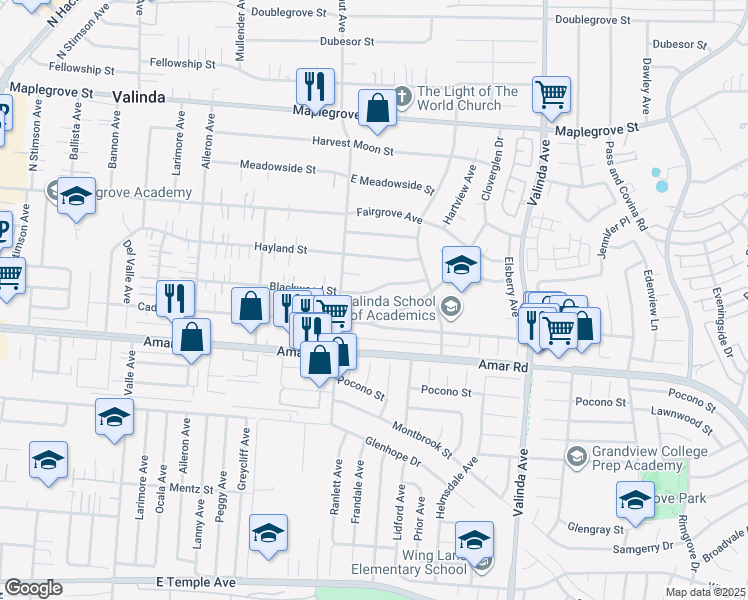 map of restaurants, bars, coffee shops, grocery stores, and more near 16138 Blackwood Street in La Puente