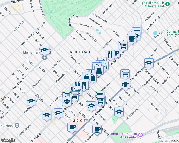 map of restaurants, bars, coffee shops, grocery stores, and more near 1115 Princeton Street in Santa Monica