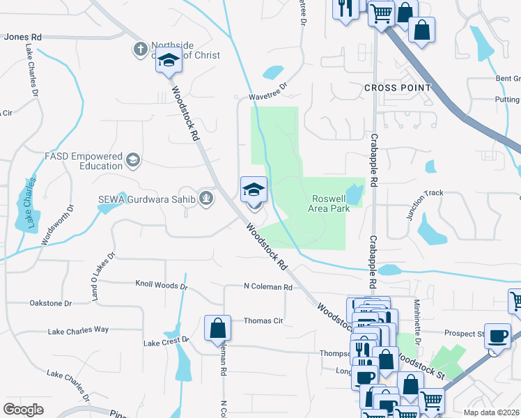 map of restaurants, bars, coffee shops, grocery stores, and more near 10525 Woodstock Road in Roswell