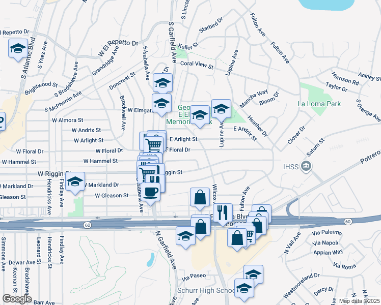 map of restaurants, bars, coffee shops, grocery stores, and more near 150 East Floral Drive in Monterey Park