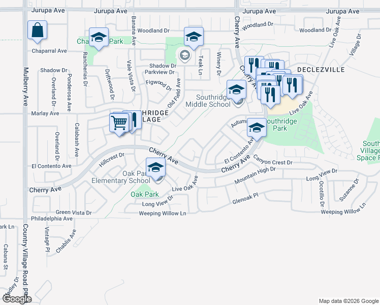 map of restaurants, bars, coffee shops, grocery stores, and more near 14328 El Contento Avenue in Fontana