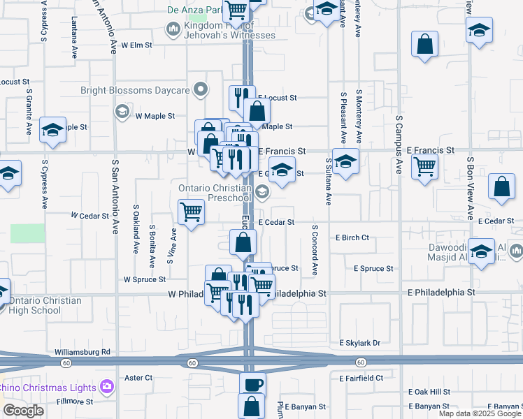 map of restaurants, bars, coffee shops, grocery stores, and more near 115 East Cedar Street in Ontario