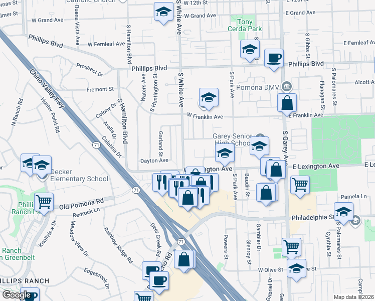 map of restaurants, bars, coffee shops, grocery stores, and more near 1849 Matthews Place in Pomona