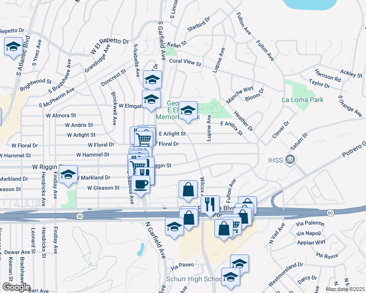 map of restaurants, bars, coffee shops, grocery stores, and more near 166 East Floral Drive in Monterey Park