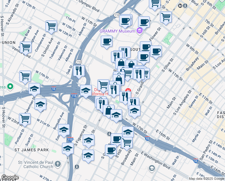 map of restaurants, bars, coffee shops, grocery stores, and more near 1400 South Figueroa Street in Los Angeles