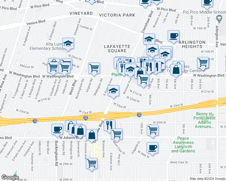 map of restaurants, bars, coffee shops, grocery stores, and more near 2216 Crenshaw Boulevard in Los Angeles