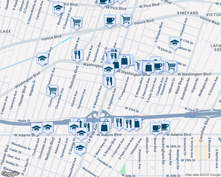 map of restaurants, bars, coffee shops, grocery stores, and more near in Los Angeles