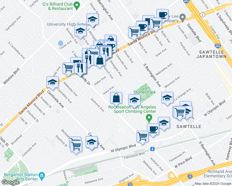 map of restaurants, bars, coffee shops, grocery stores, and more near 1730 Brockton Avenue in Los Angeles