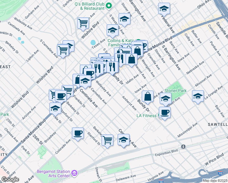 map of restaurants, bars, coffee shops, grocery stores, and more near in Los Angeles