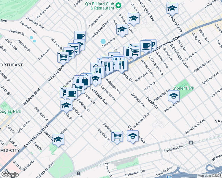 map of restaurants, bars, coffee shops, grocery stores, and more near 1529 Wellesley Avenue in Los Angeles