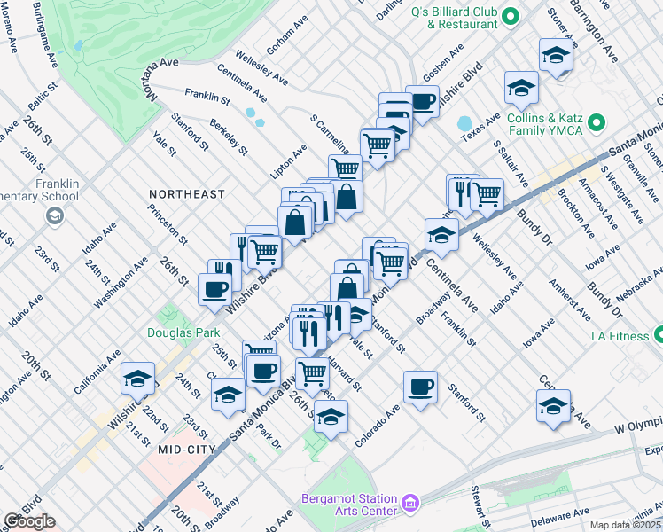 map of restaurants, bars, coffee shops, grocery stores, and more near 3024 Arizona Avenue in Santa Monica