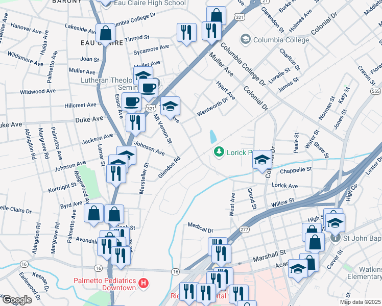 map of restaurants, bars, coffee shops, grocery stores, and more near 4104 Glendon Road in Columbia
