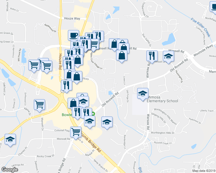 map of restaurants, bars, coffee shops, grocery stores, and more near 100 Legacy Oaks Circle in Roswell