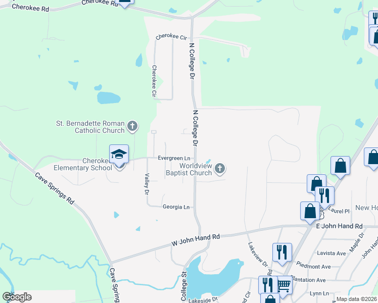 map of restaurants, bars, coffee shops, grocery stores, and more near 601 North College Drive in Cedartown