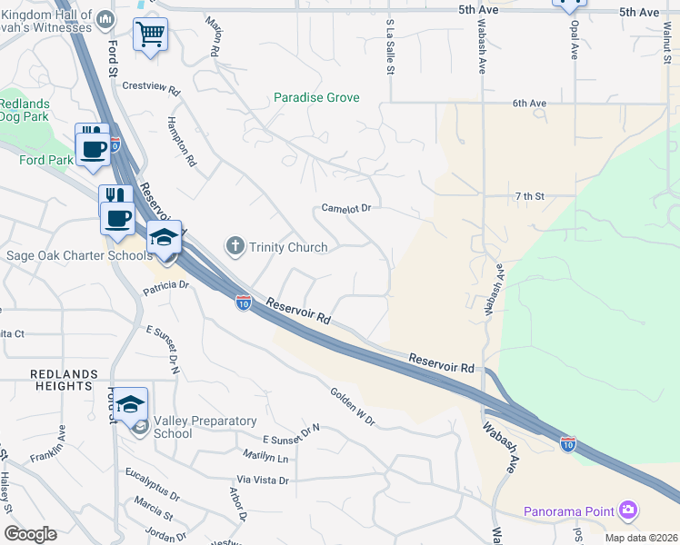 map of restaurants, bars, coffee shops, grocery stores, and more near 1636 Sheffield Lane in Redlands