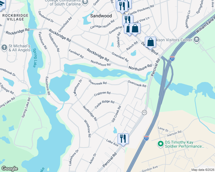 map of restaurants, bars, coffee shops, grocery stores, and more near 3504 Overcreek Road in Columbia