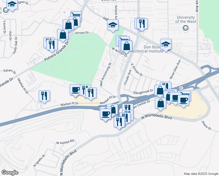map of restaurants, bars, coffee shops, grocery stores, and more near 1610 Neil Armstrong Street in Montebello