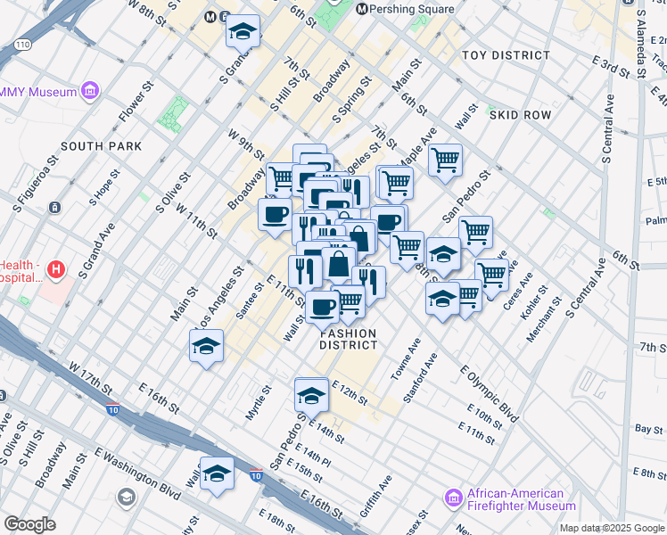 map of restaurants, bars, coffee shops, grocery stores, and more near 926a Wall Street in Los Angeles