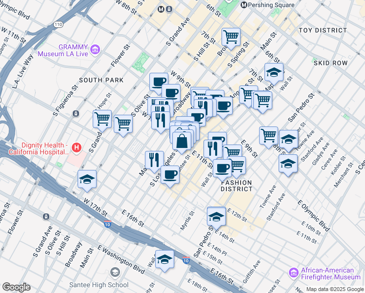 map of restaurants, bars, coffee shops, grocery stores, and more near 1104 South Los Angeles Street in Los Angeles