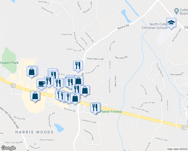 map of restaurants, bars, coffee shops, grocery stores, and more near 3345 Muscadine Trail Northwest in Kennesaw