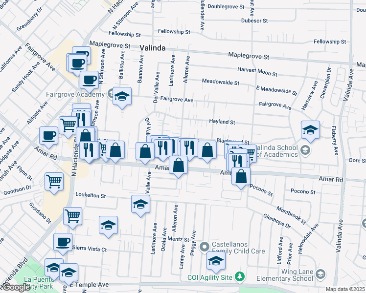map of restaurants, bars, coffee shops, grocery stores, and more near 1054 Aileron Avenue in La Puente