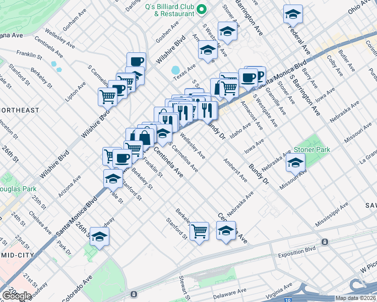 map of restaurants, bars, coffee shops, grocery stores, and more near 1529 Wellesley Avenue in Los Angeles