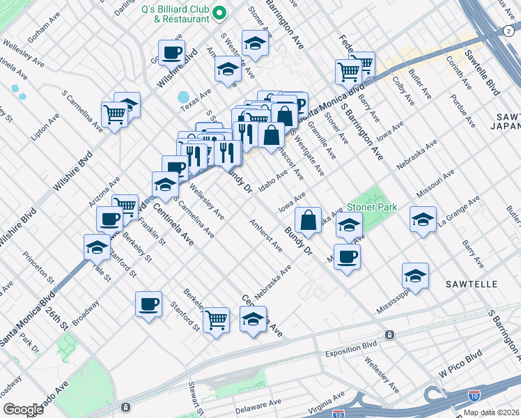 map of restaurants, bars, coffee shops, grocery stores, and more near 1623 South Bundy Drive in Los Angeles