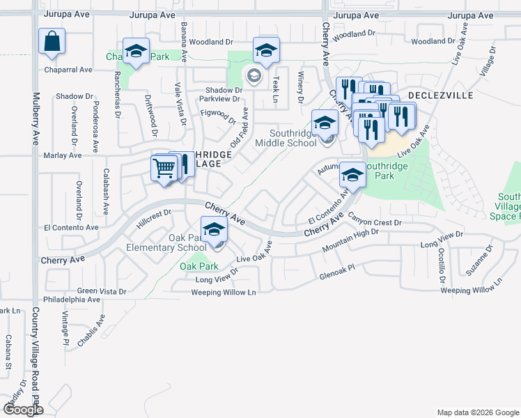 map of restaurants, bars, coffee shops, grocery stores, and more near 14328 El Contento Avenue in Fontana
