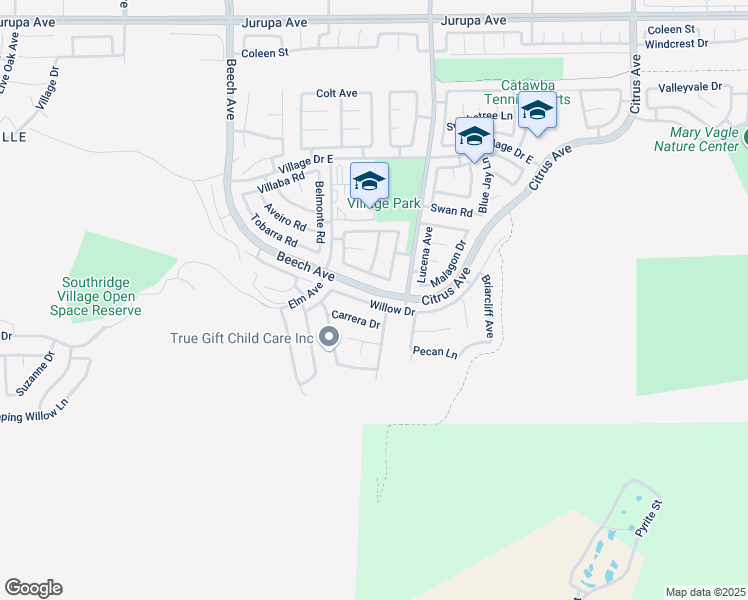 map of restaurants, bars, coffee shops, grocery stores, and more near 15588 Willow Drive in Fontana