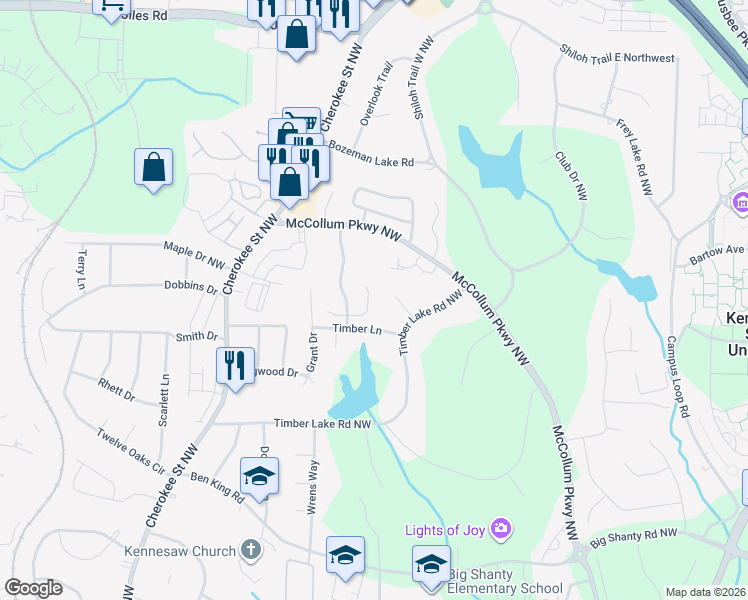 map of restaurants, bars, coffee shops, grocery stores, and more near 3488 Lee Court in Kennesaw