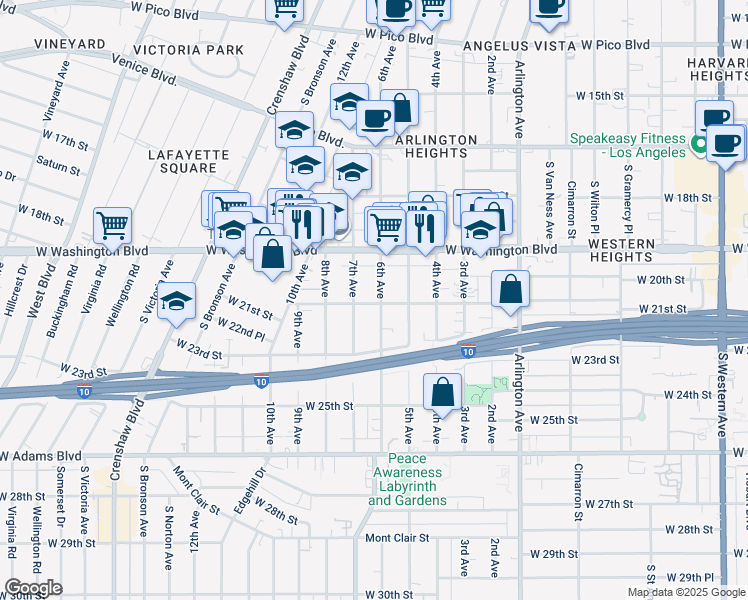 map of restaurants, bars, coffee shops, grocery stores, and more near 3601 West 21st Street in Los Angeles