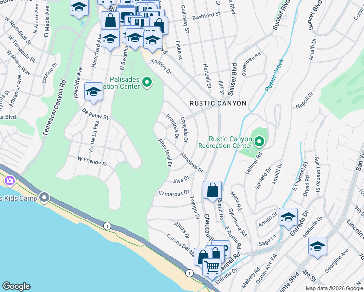 map of restaurants, bars, coffee shops, grocery stores, and more near 515 Chapala Drive in Los Angeles
