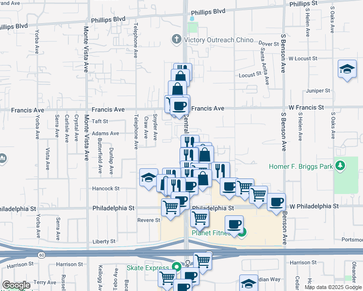 map of restaurants, bars, coffee shops, grocery stores, and more near 11844 Central Avenue in Chino