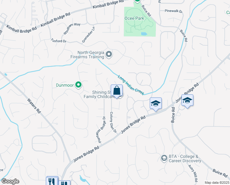 map of restaurants, bars, coffee shops, grocery stores, and more near 105 Brooks Bridge Court in Alpharetta