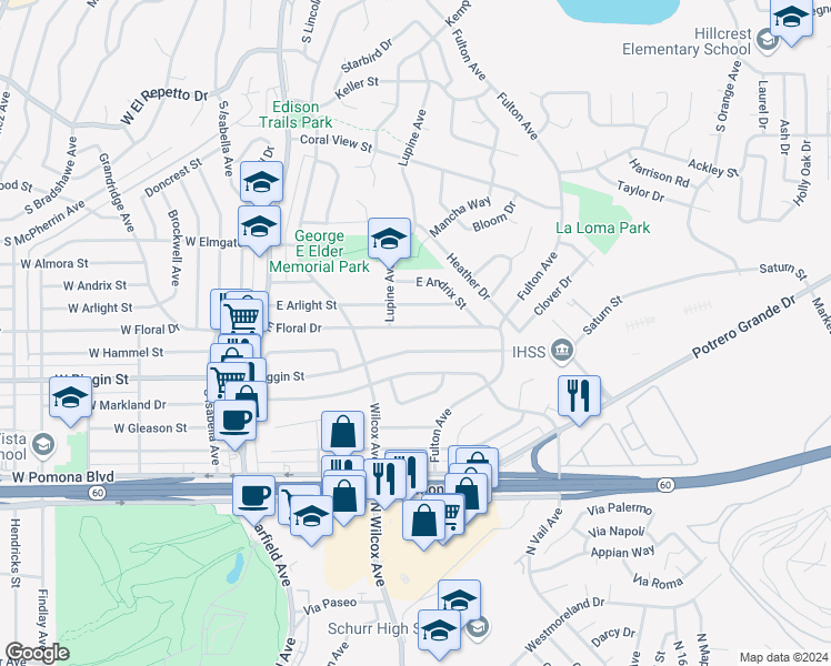 map of restaurants, bars, coffee shops, grocery stores, and more near 316 East Floral Drive in Monterey Park