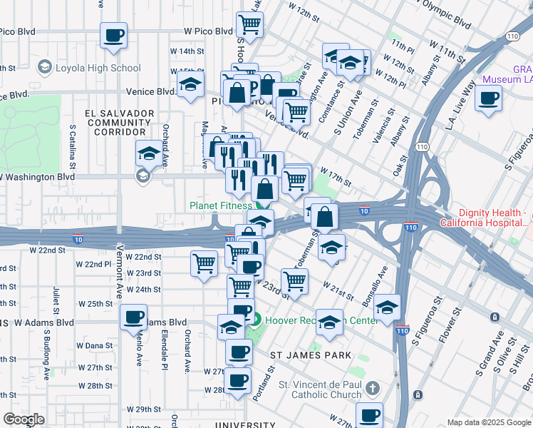 map of restaurants, bars, coffee shops, grocery stores, and more near 1122 West Washington Boulevard in Los Angeles