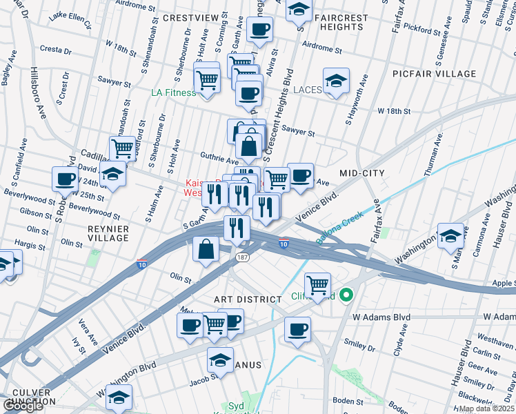 map of restaurants, bars, coffee shops, grocery stores, and more near 6041 Cadillac Avenue in Los Angeles