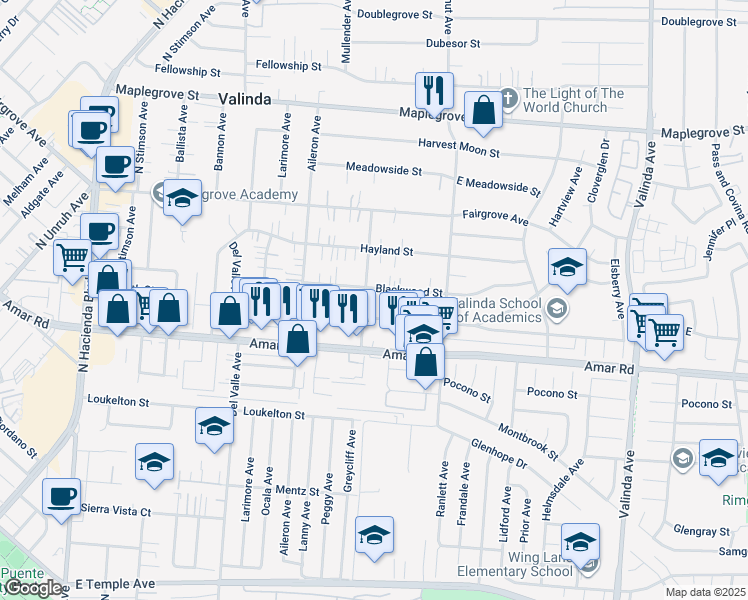map of restaurants, bars, coffee shops, grocery stores, and more near 15908 Blackwood Street in La Puente