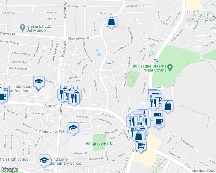 map of restaurants, bars, coffee shops, grocery stores, and more near 1304 Brooktree Circle in West Covina